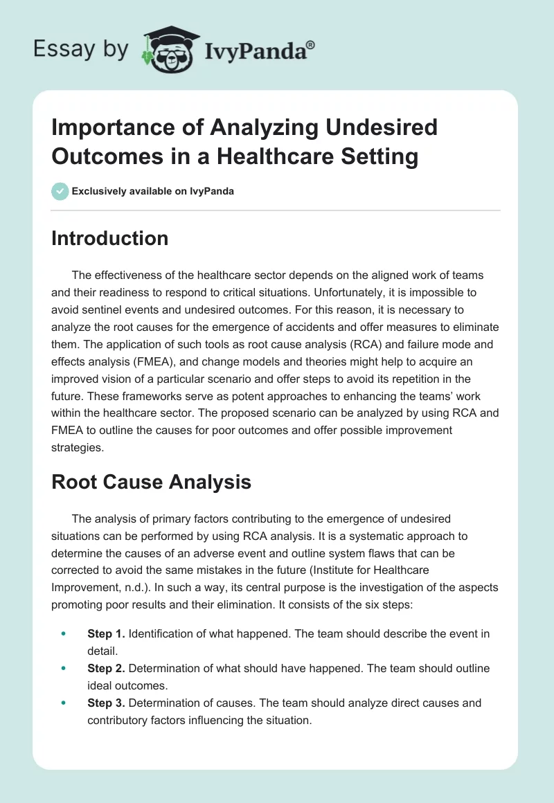 Importance of Analyzing Undesired Outcomes in a Healthcare Setting. Page 1