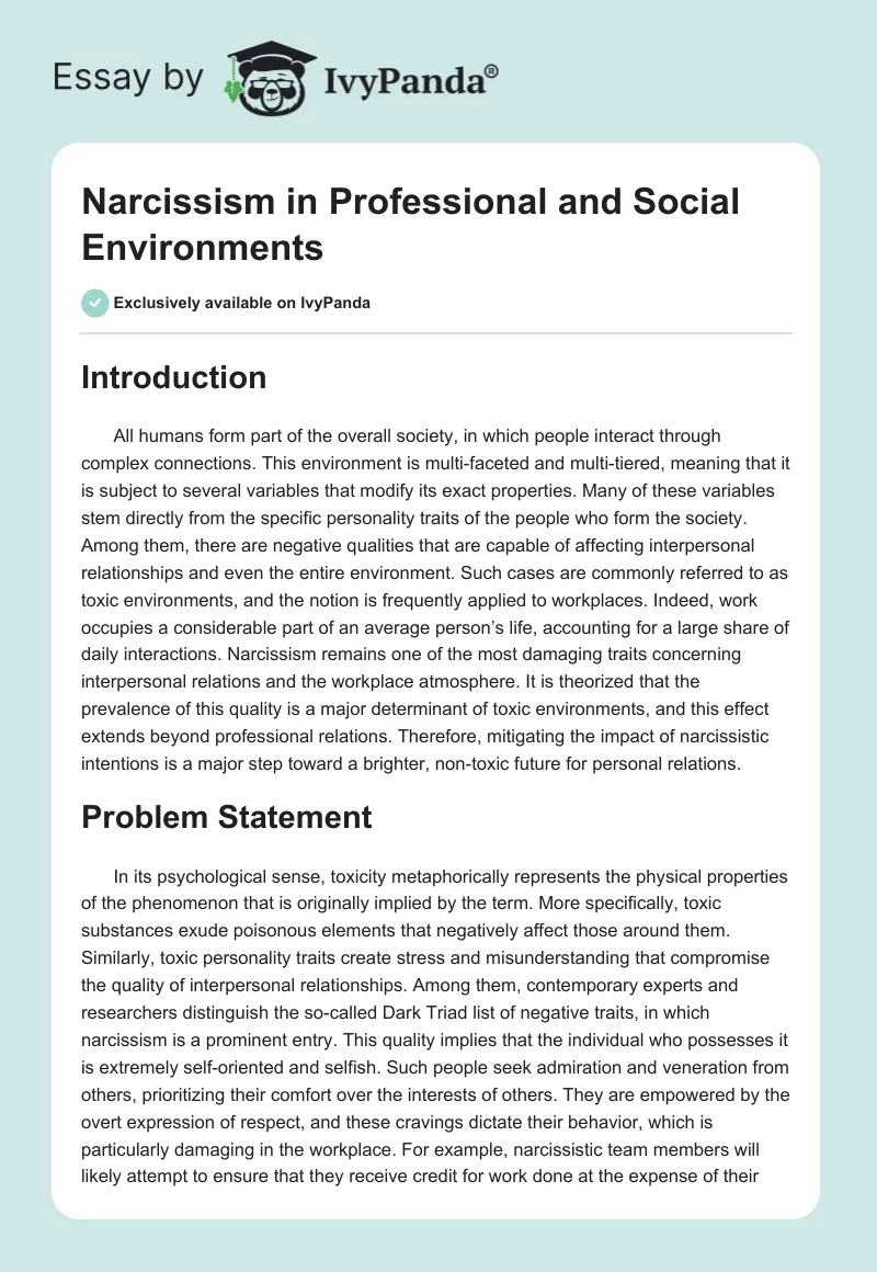 Narcissism in Professional and Social Environments. Page 1