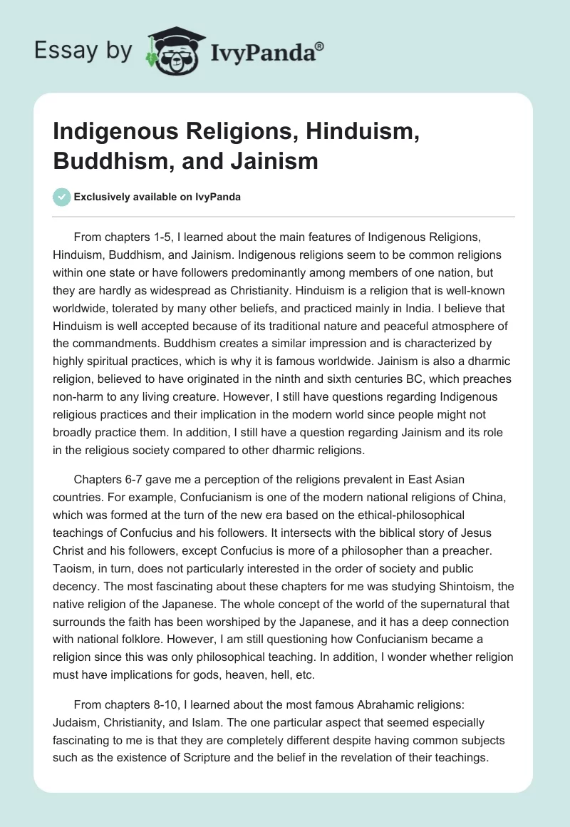 Indigenous Religions, Hinduism, Buddhism, and Jainism. Page 1