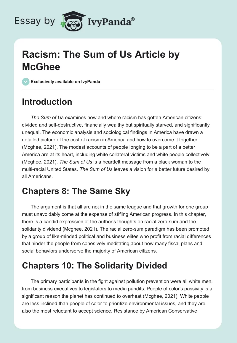 Racism: "The Sum of Us" Article by McGhee. Page 1