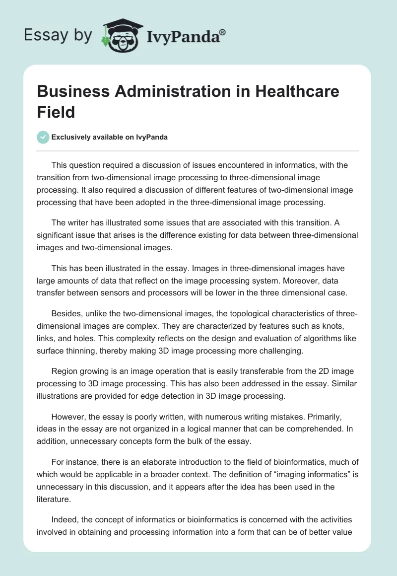 Business Administration in Healthcare Field. Page 1