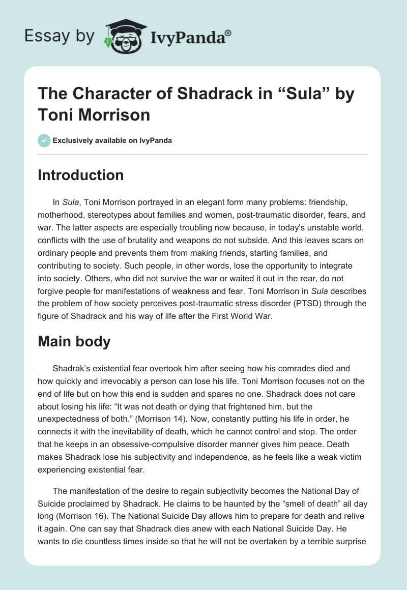 The Character of Shadrack in “Sula” by Toni Morrison. Page 1