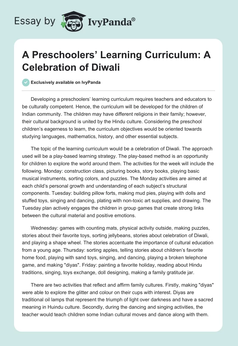 A Preschoolers’ Learning Curriculum: A Celebration of Diwali. Page 1