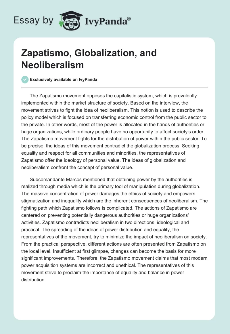 Zapatismo, Globalization, and Neoliberalism. Page 1