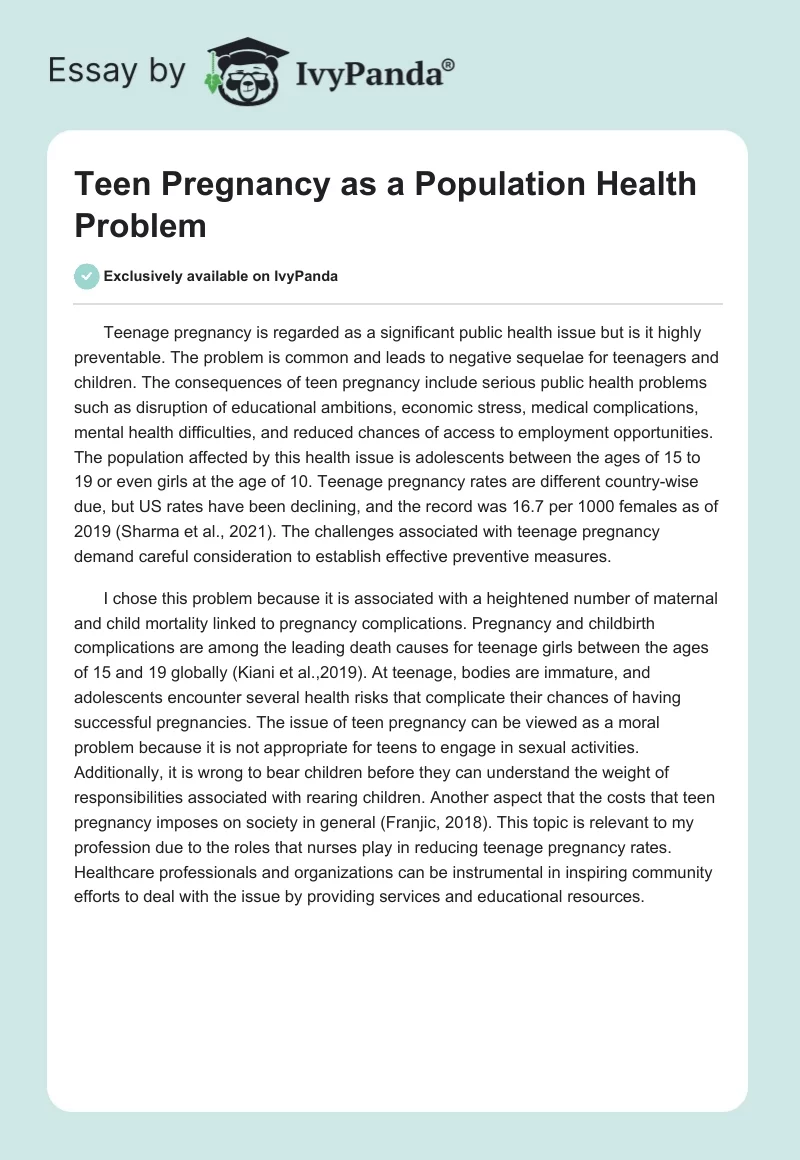 Teen Pregnancy as a Population Health Problem. Page 1