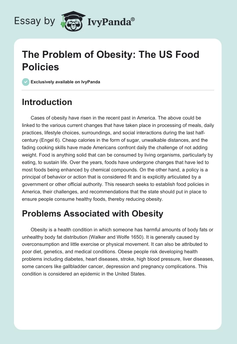 The Problem of Obesity: The US Food Policies. Page 1