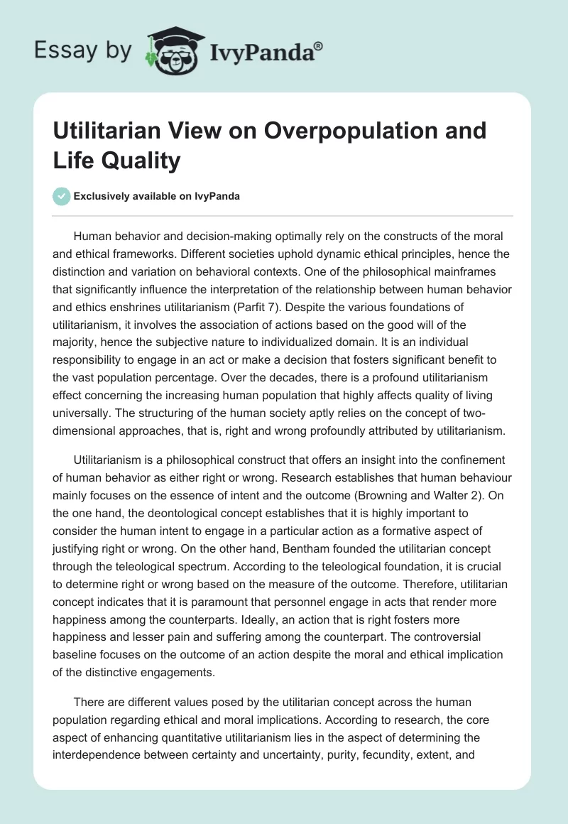 Utilitarian View on Overpopulation and Life Quality. Page 1