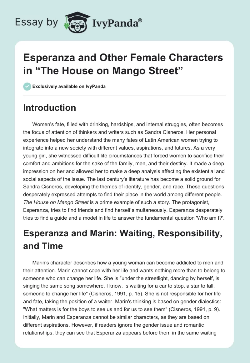 Esperanza and Other Female Characters in “The House on Mango Street”. Page 1