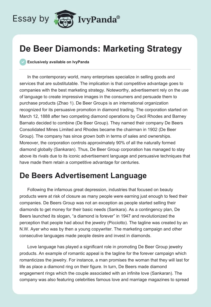De Beer Diamonds: Marketing Strategy. Page 1