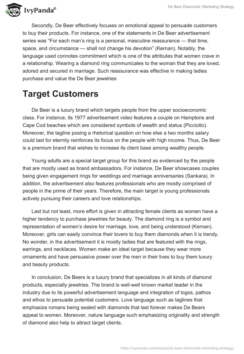 De Beer Diamonds: Marketing Strategy. Page 3