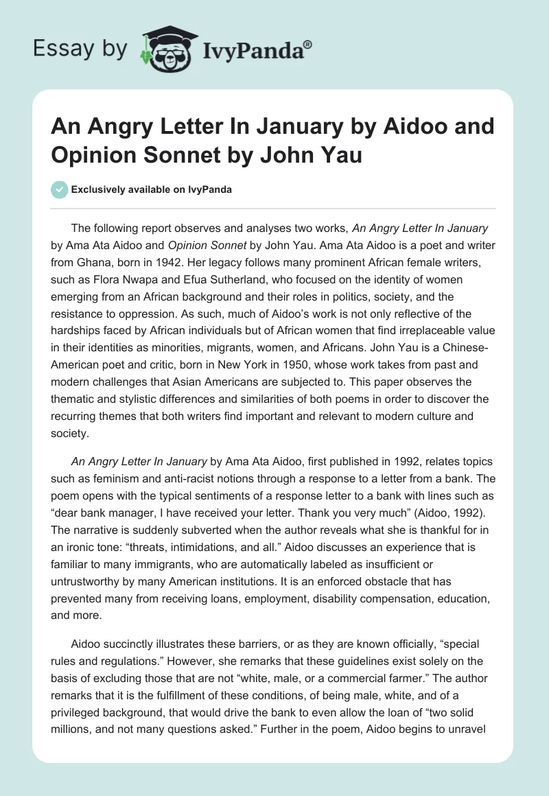 "An Angry Letter In January" by Aidoo and "Opinion Sonnet" by John Yau. Page 1
