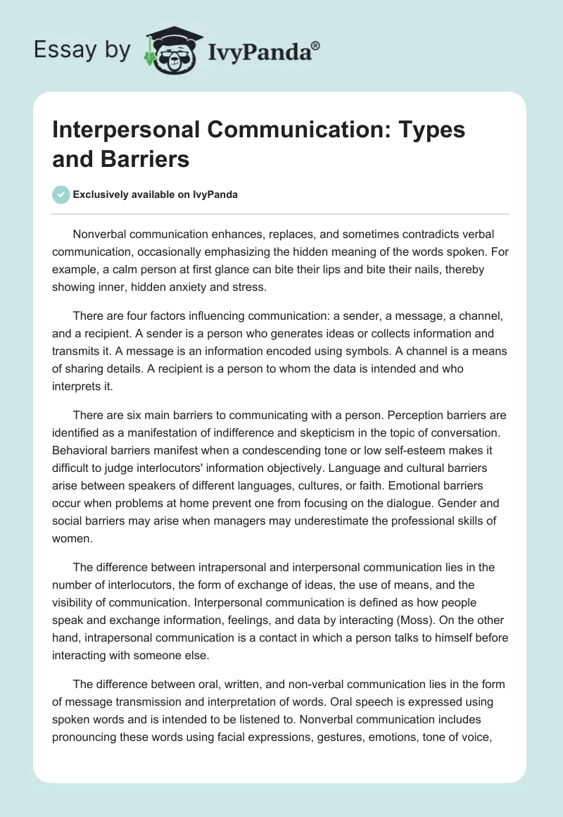 Interpersonal Communication: Types and Barriers. Page 1