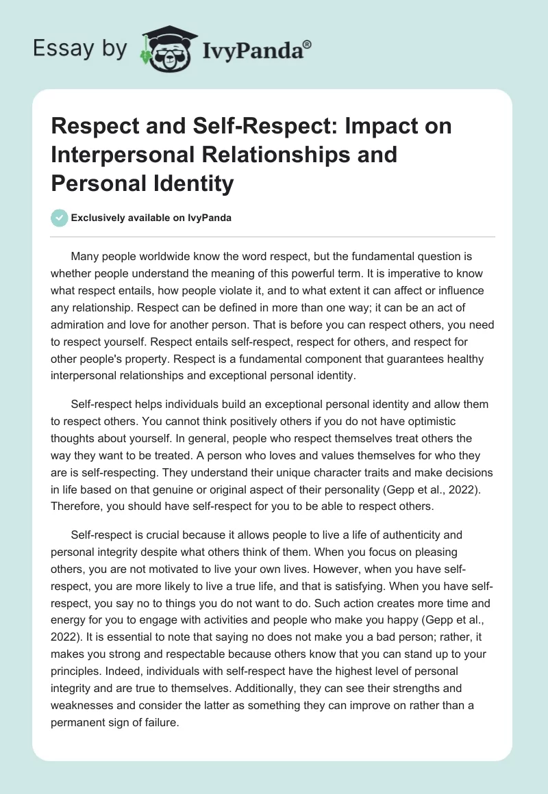 Respect and Self-Respect: Impact on Interpersonal Relationships and Personal Identity. Page 1