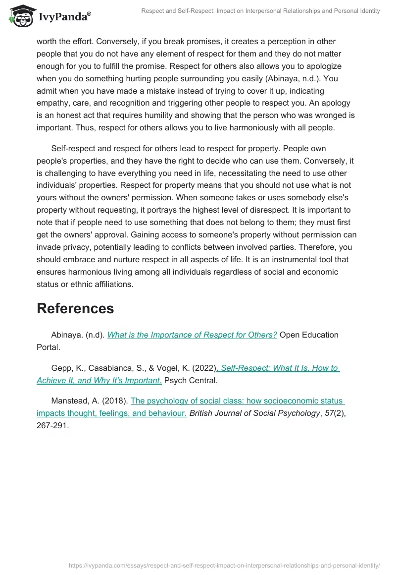 Respect and Self-Respect: Impact on Interpersonal Relationships and Personal Identity. Page 3