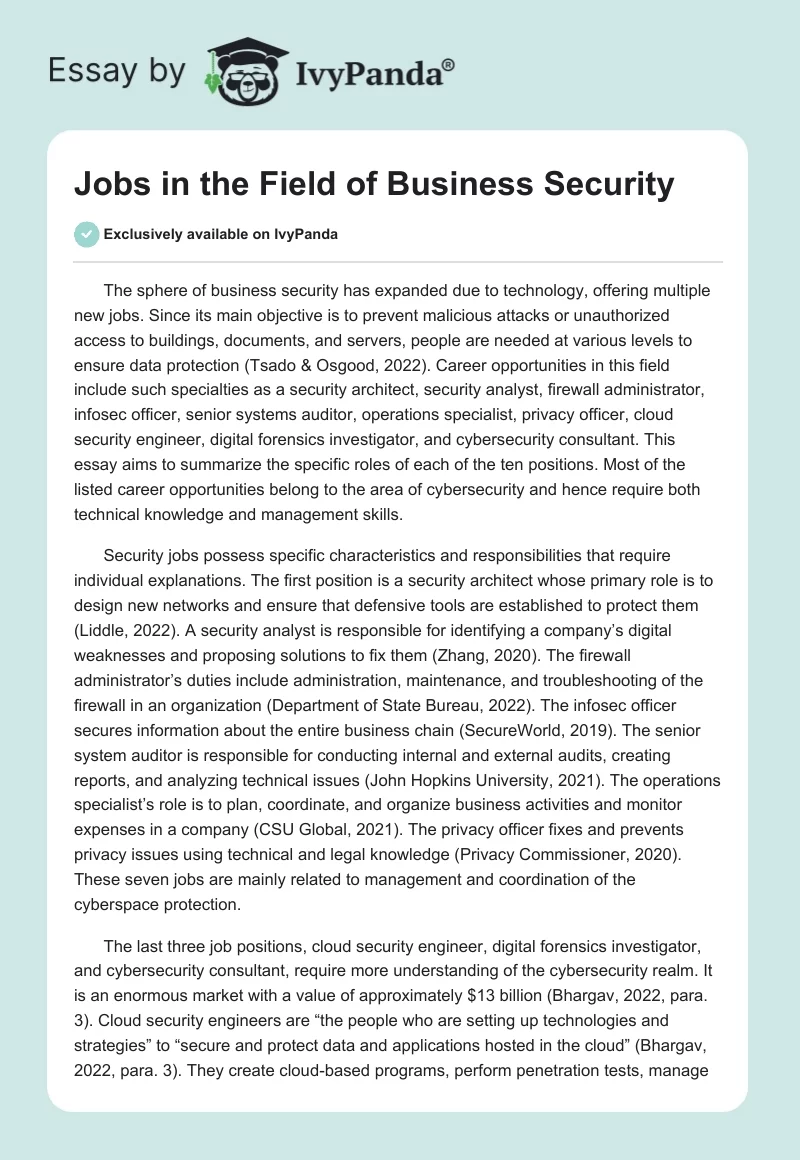 Jobs in the Field of Business Security. Page 1