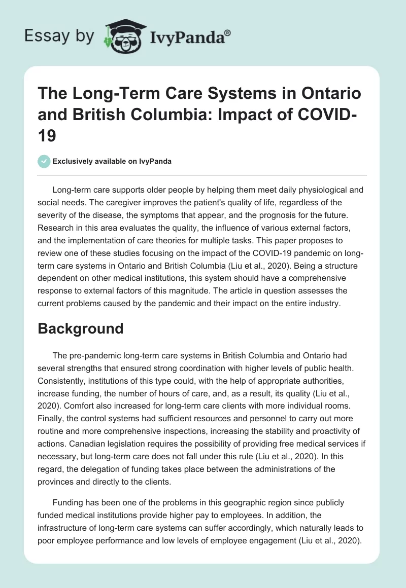 The Long-Term Care Systems in Ontario and British Columbia: Impact of COVID-19. Page 1