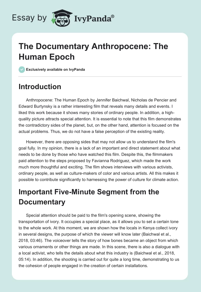 The Documentary "Anthropocene: The Human Epoch". Page 1