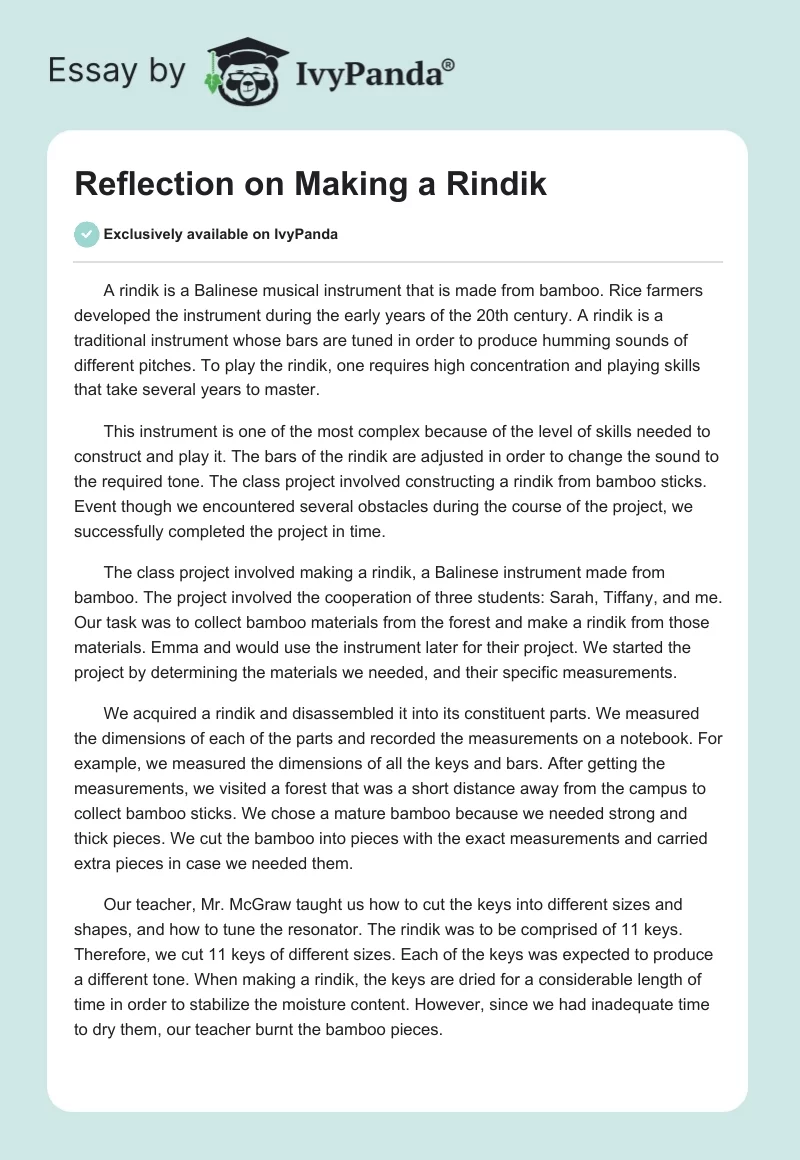 Reflection on Making a Rindik. Page 1