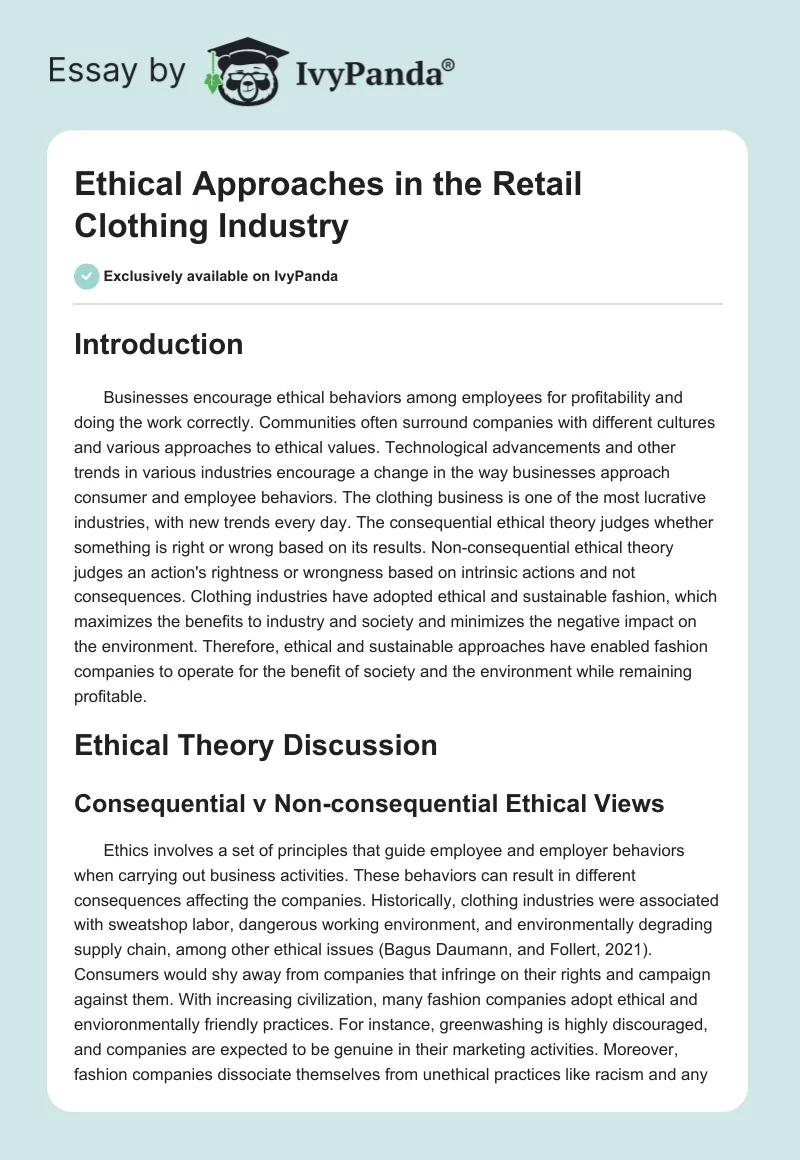 Ethical Approaches in the Retail Clothing Industry. Page 1