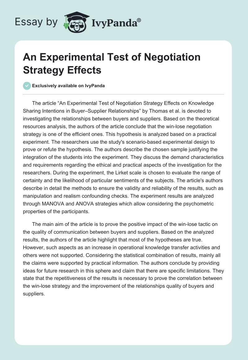 An Experimental Test of Negotiation Strategy Effects. Page 1
