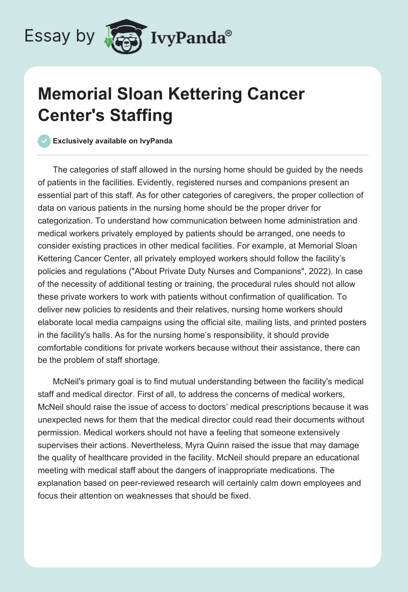 Memorial Sloan Kettering Cancer Center's Staffing. Page 1