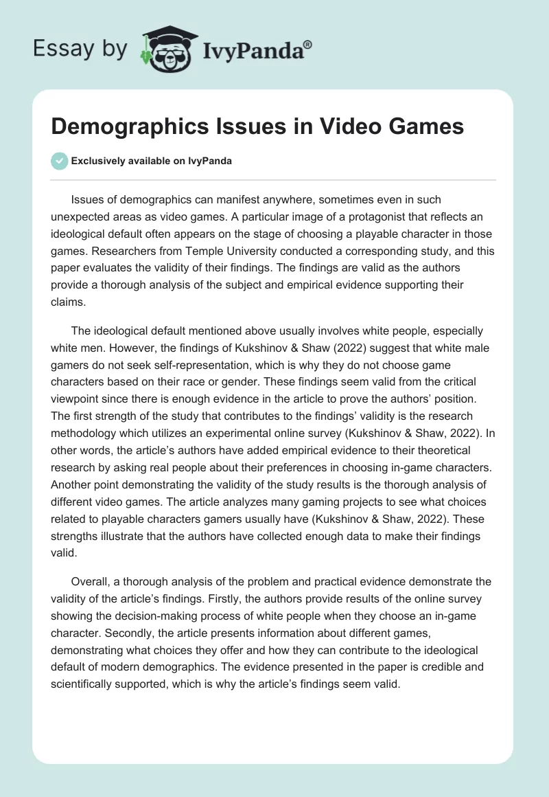 Demographics Issues in Video Games. Page 1