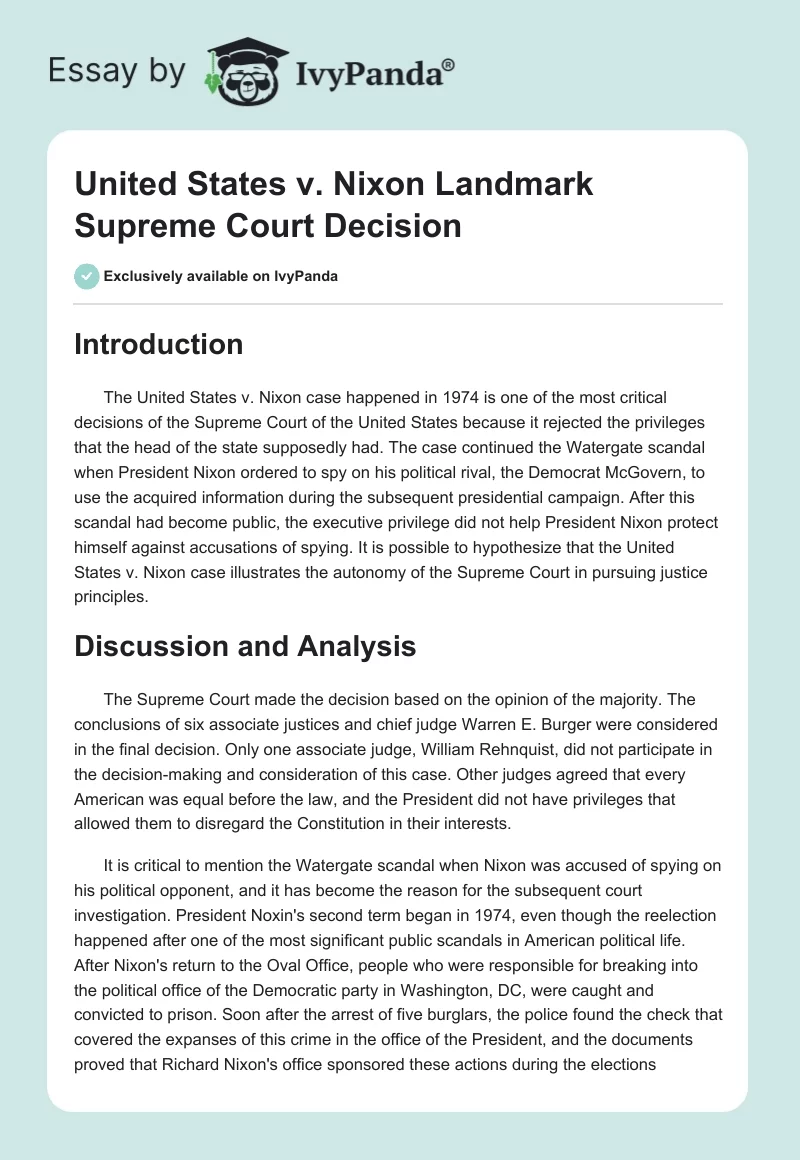 United States vs. Nixon Landmark Supreme Court Decision. Page 1