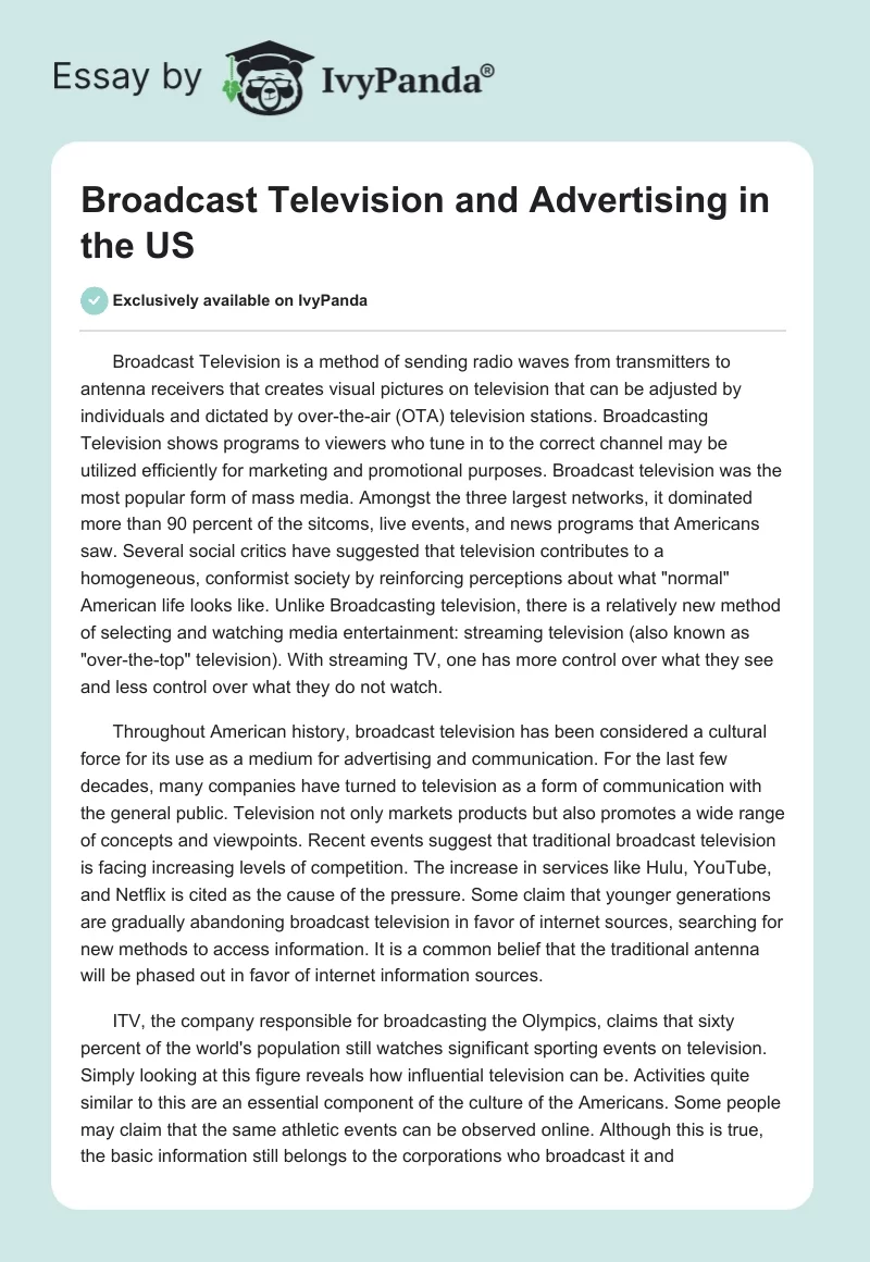 Broadcast Television and Advertising in the US. Page 1