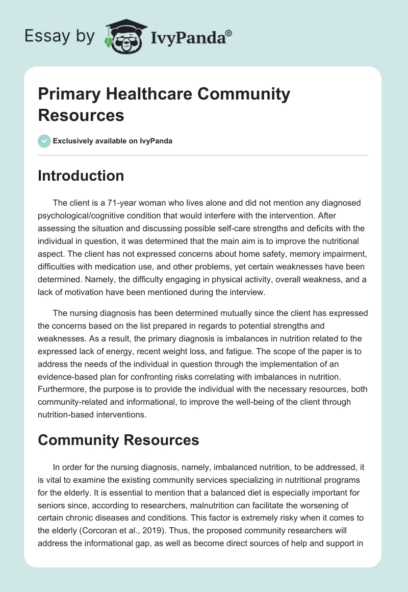 Primary Healthcare Community Resources. Page 1