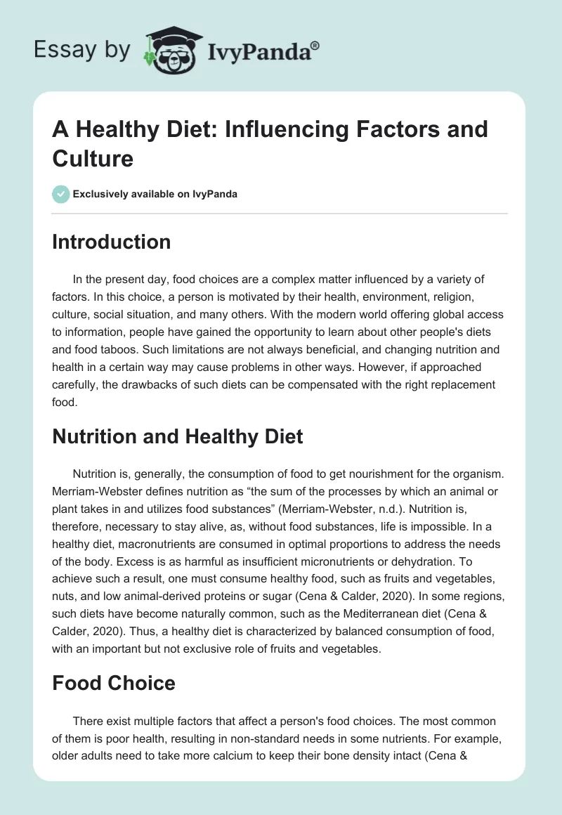 A Healthy Diet: Influencing Factors and Culture. Page 1