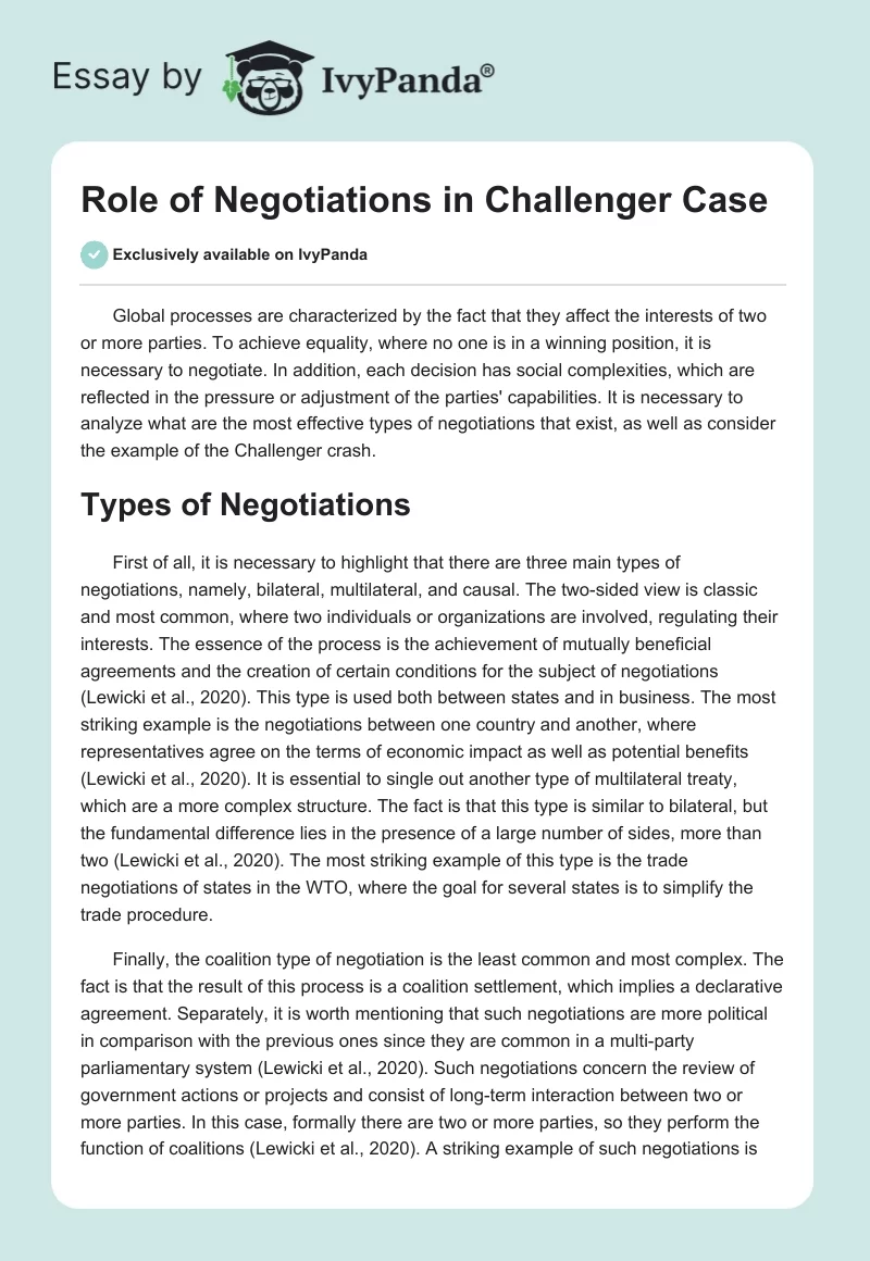 Role of Negotiations in Challenger Case. Page 1