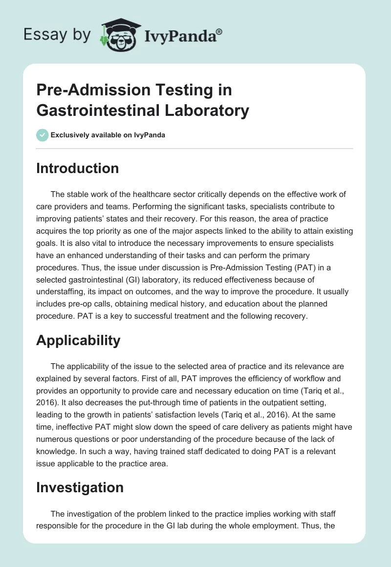 Pre-Admission Testing in Gastrointestinal Laboratory. Page 1