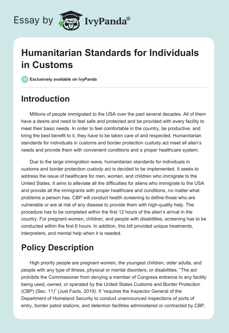 Humanitarian Standards for Individuals in Customs. Page 1