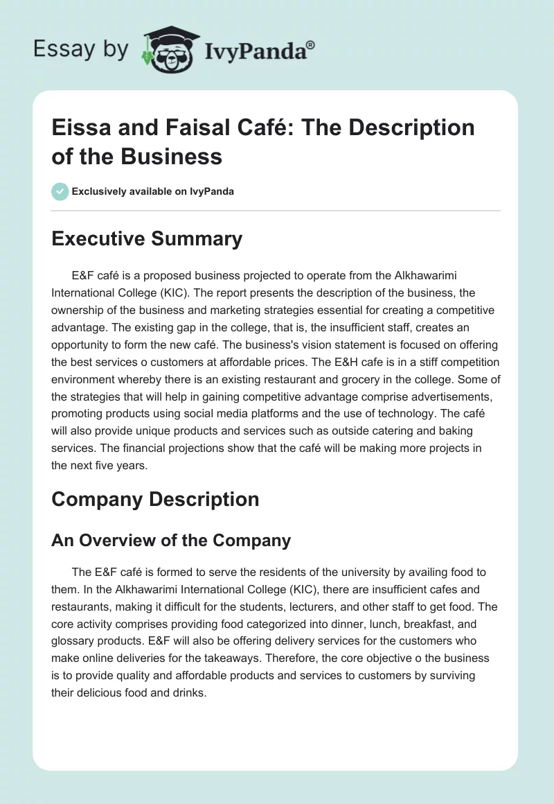 Eissa and Faisal Café: The Description of the Business. Page 1