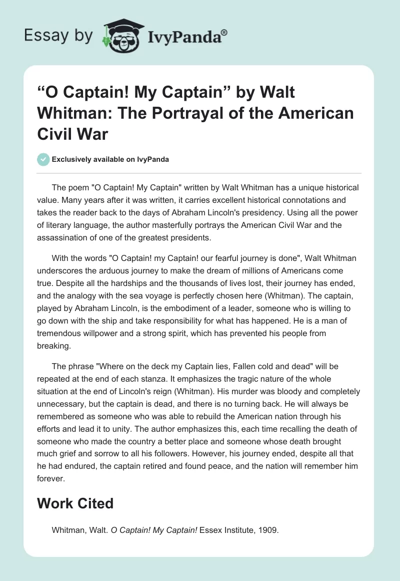 “O Captain! My Captain” by Walt Whitman: The Portrayal of the American Civil War. Page 1