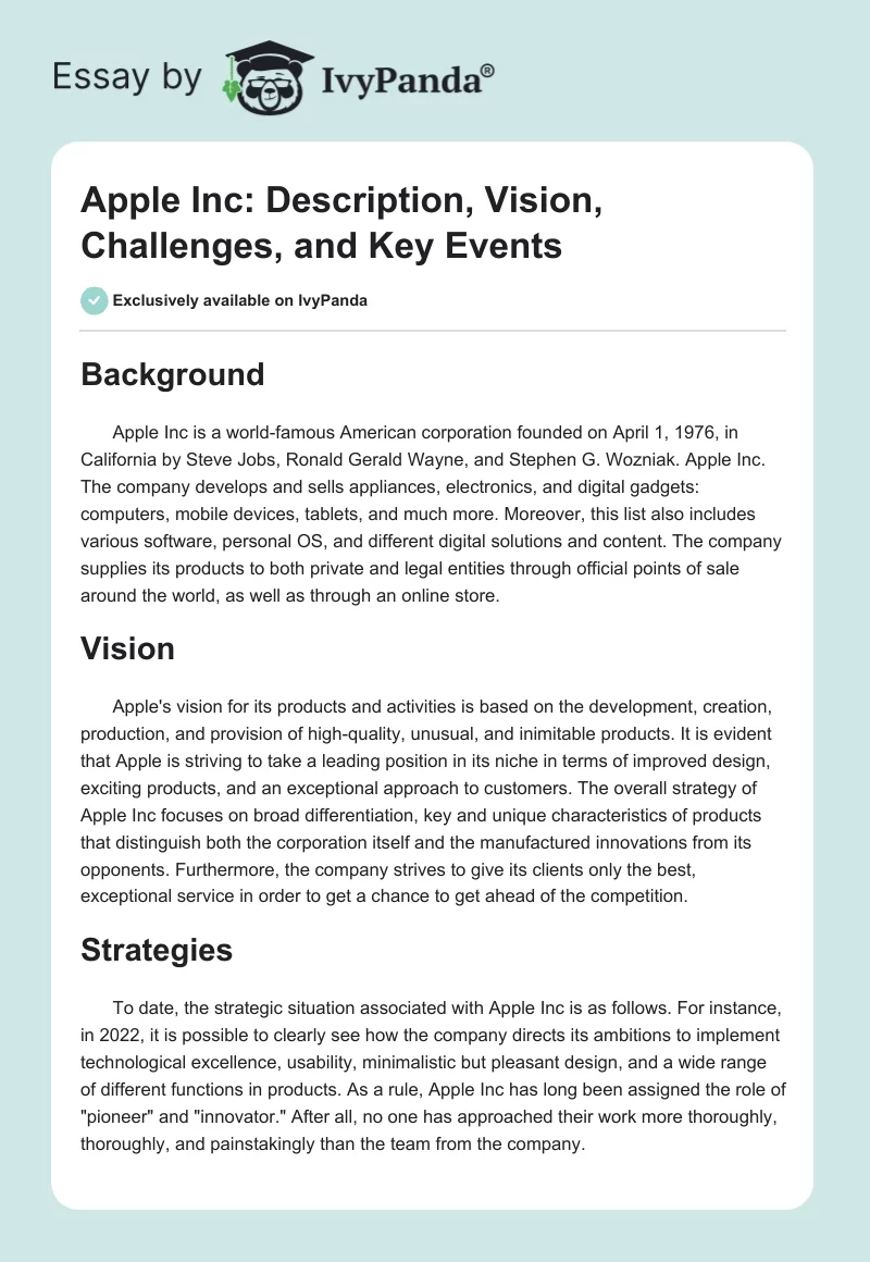 Apple Inc: Description, Vision, Challenges, and Key Events. Page 1