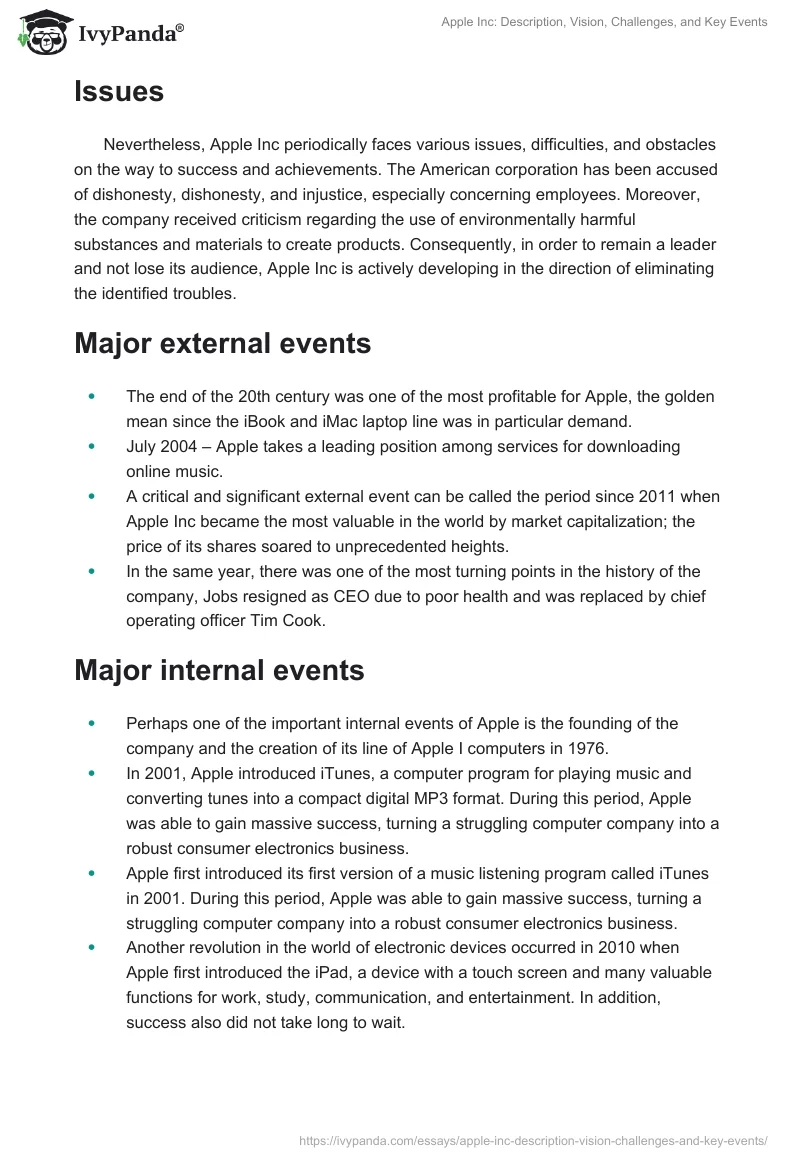 Apple Inc: Description, Vision, Challenges, and Key Events. Page 2