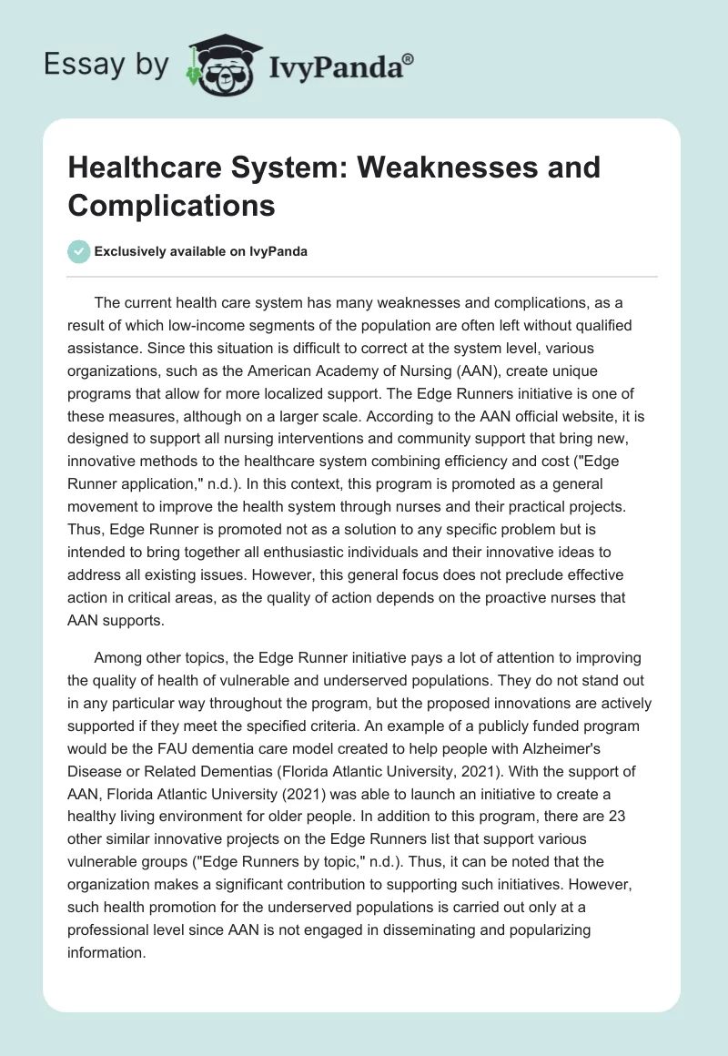 Healthcare System: Weaknesses and Complications. Page 1