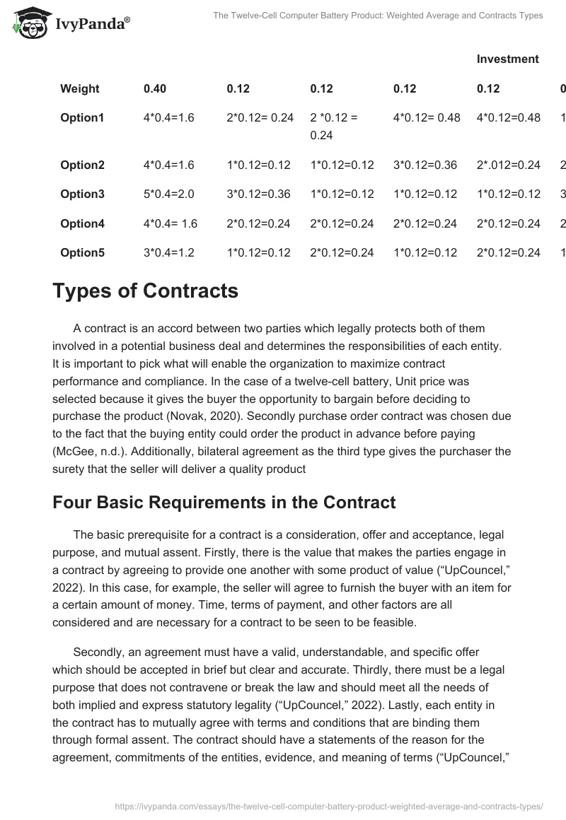 The Twelve-Cell Computer Battery Product: Weighted Average and Contracts Types. Page 3