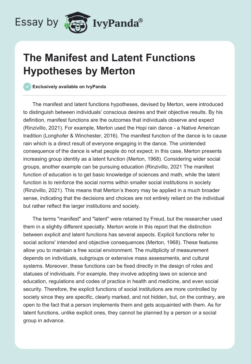 The Manifest and Latent Functions Hypotheses by Merton. Page 1
