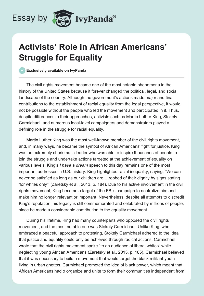 Activists’ Role in African Americans’ Struggle for Equality. Page 1