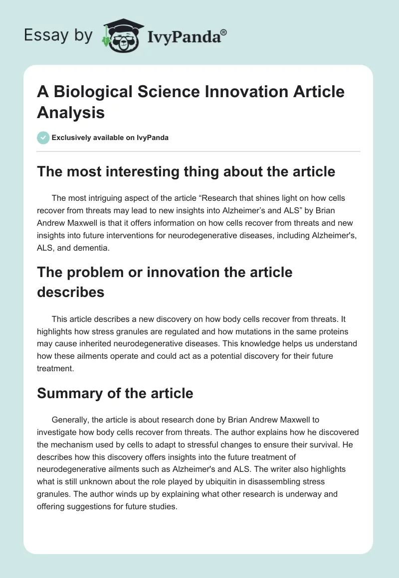 A Biological Science Innovation Article Analysis. Page 1