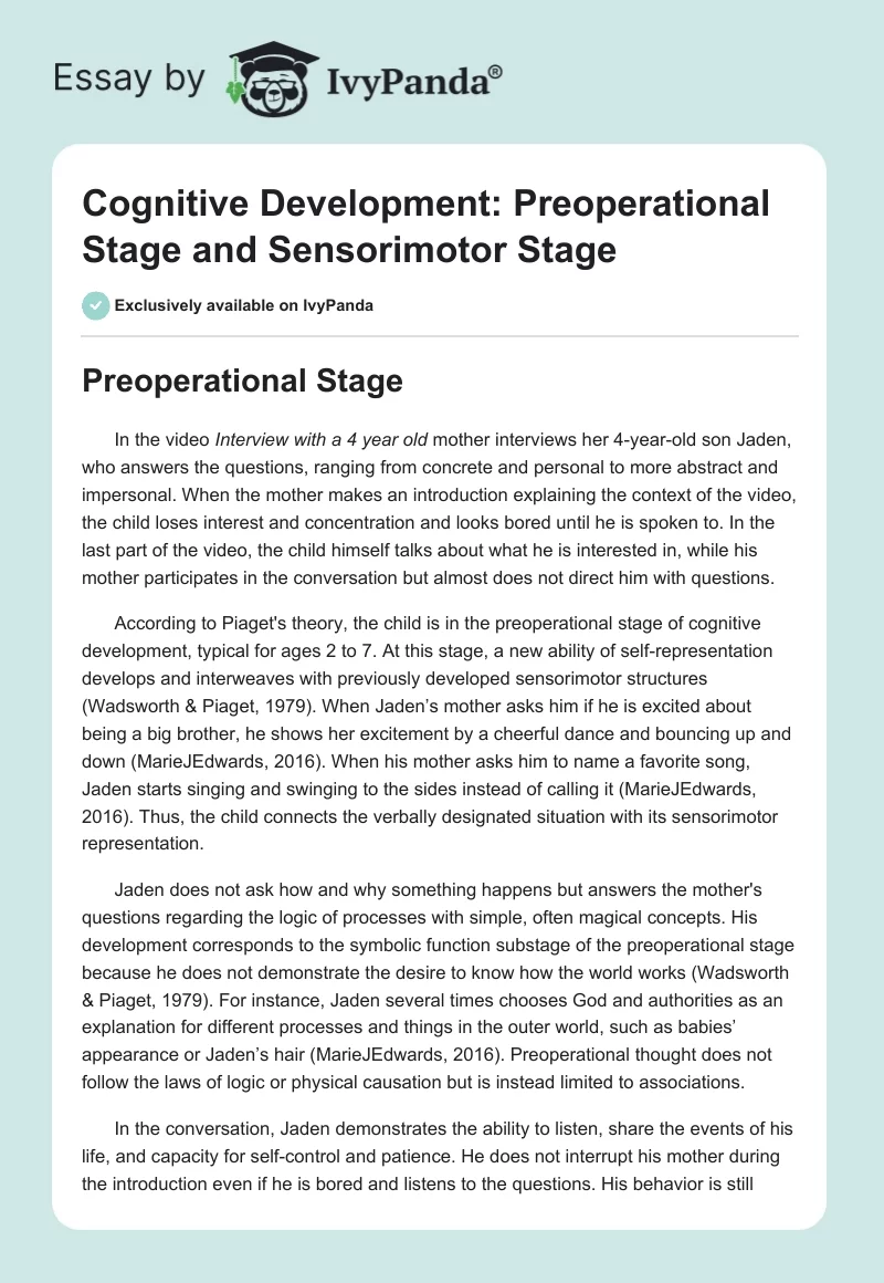 Cognitive Development: Preoperational Stage and Sensorimotor Stage. Page 1