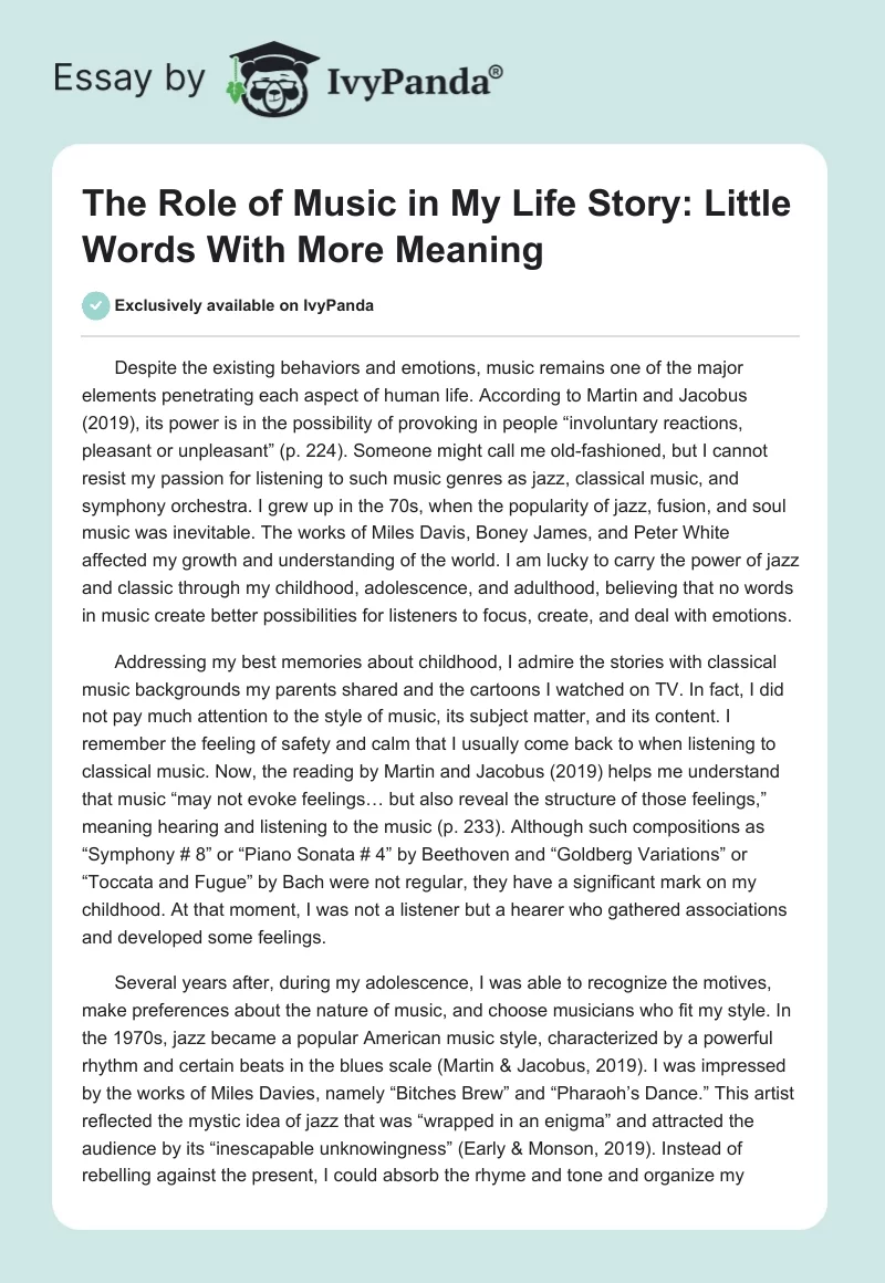 The Role of Music in My Life Story: Little Words With More Meaning. Page 1