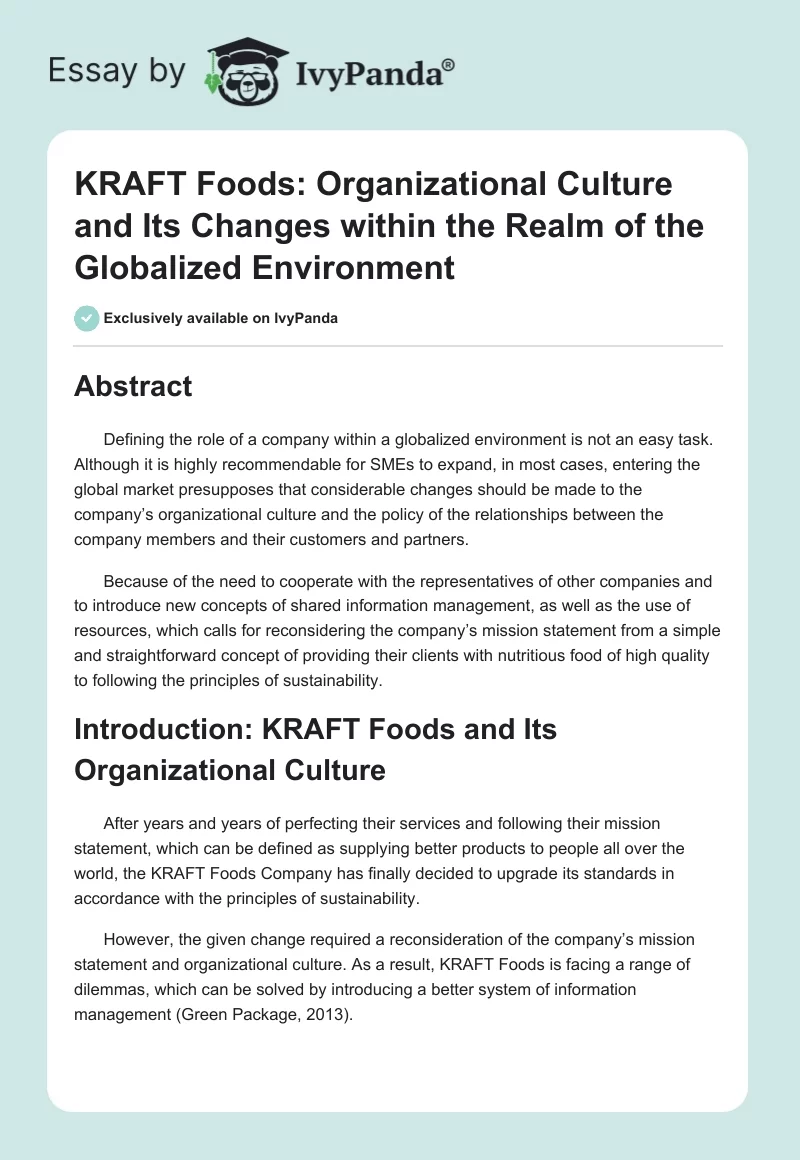 KRAFT Foods: Organizational Culture and Its Changes Within the Realm of the Globalized Environment. Page 1