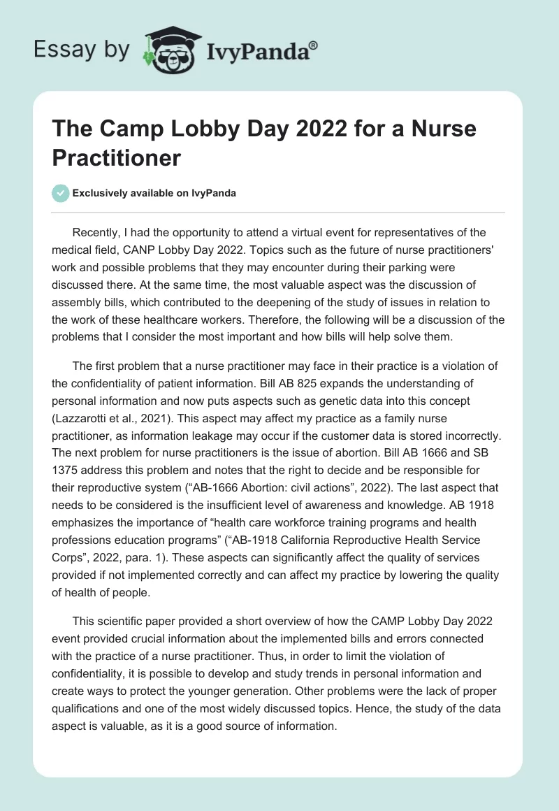 The Camp Lobby Day 2022 for a Nurse Practitioner. Page 1