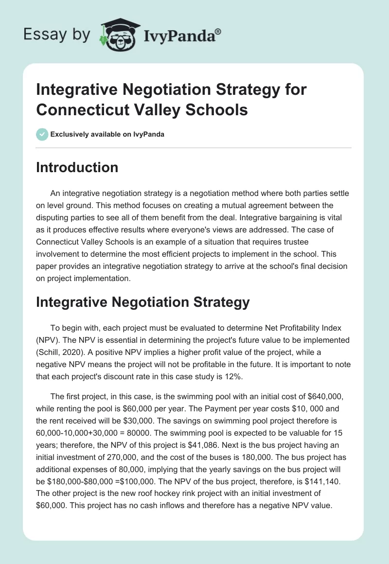 Integrative Negotiation Strategy for Connecticut Valley Schools. Page 1