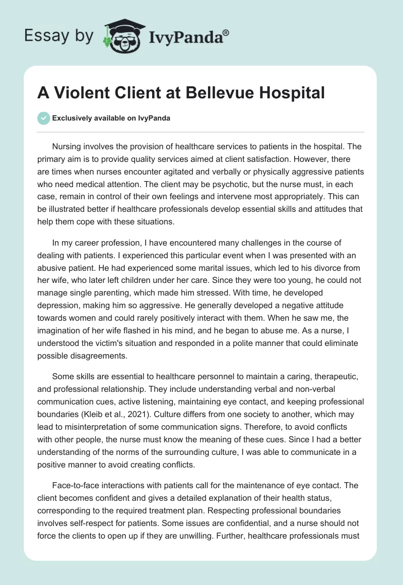 A Violent Client at Bellevue Hospital. Page 1