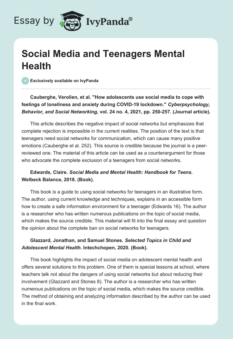 Social Media and Teenagers’ Mental Health. Page 1