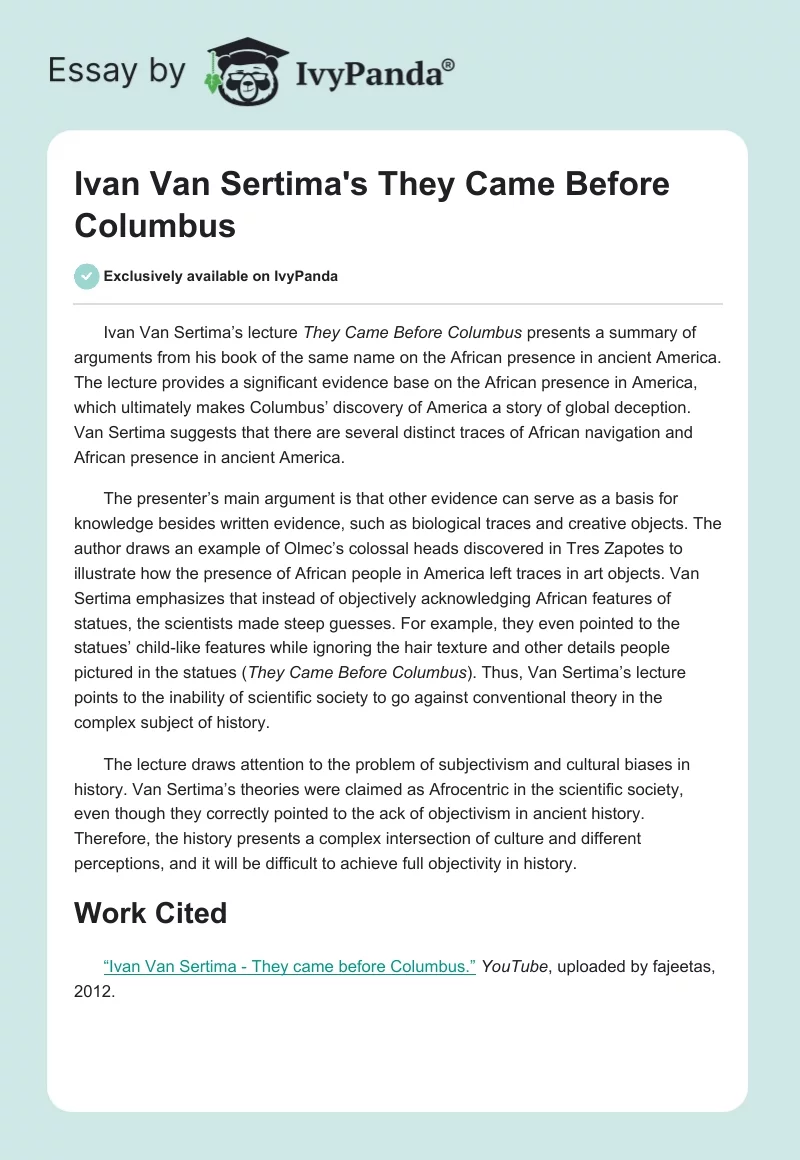 Ivan Van Sertima's "They Came Before Columbus". Page 1